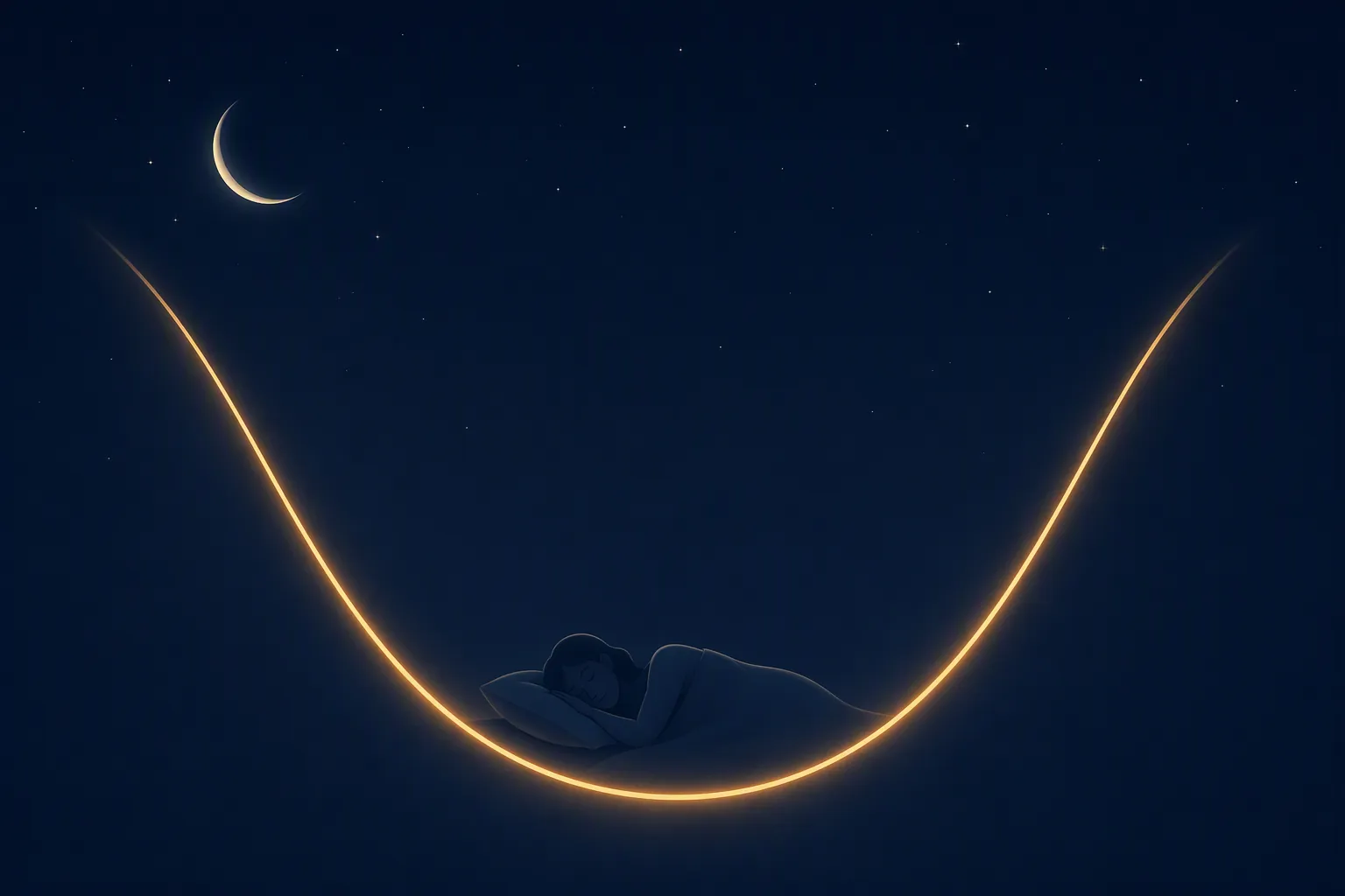 Minimal night illustration showing a U-shaped curve with a sleeping figure at the low point