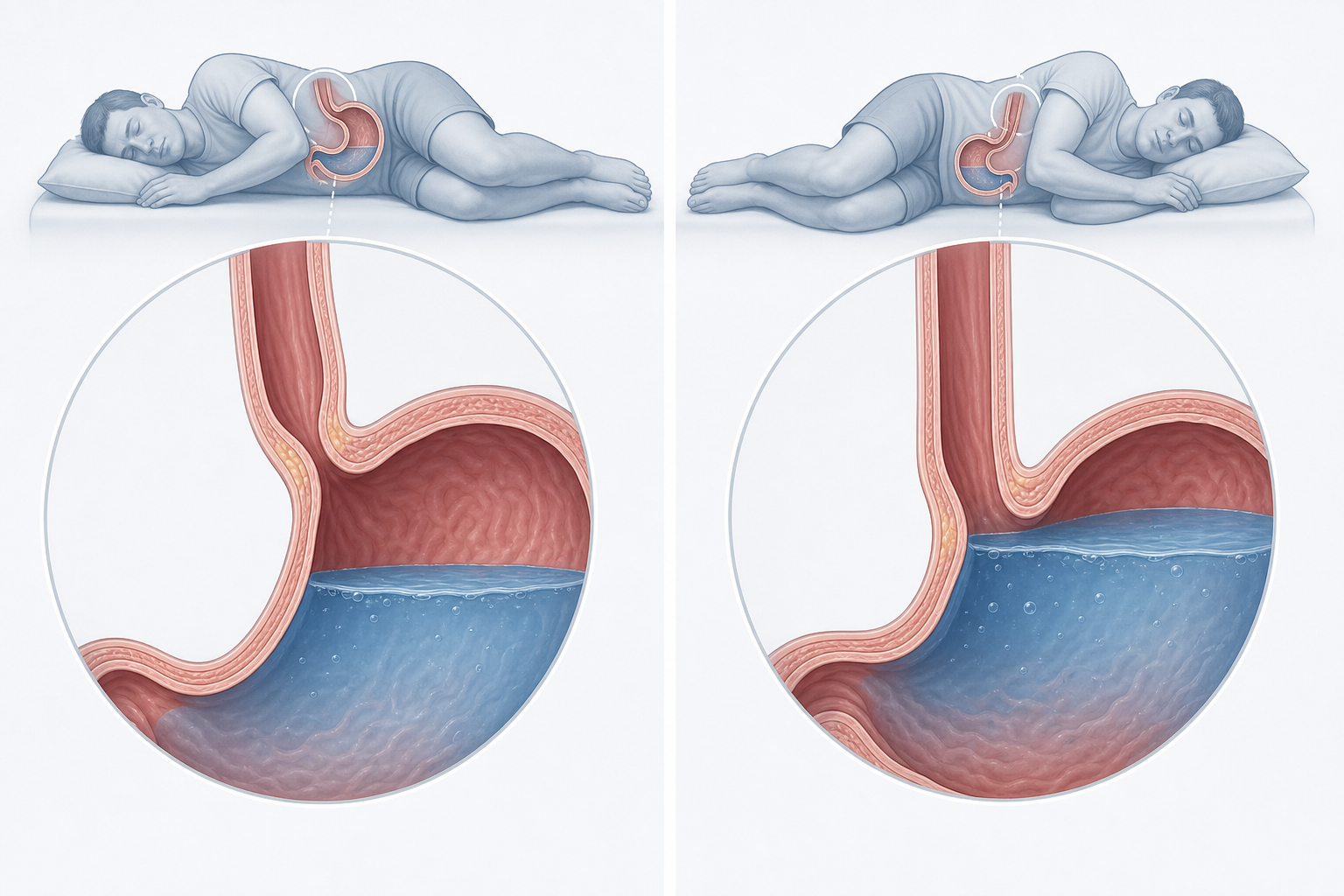 Side-by-side anatomical diagram comparing gastroesophageal geometry in left lateral decubitus and right lateral decubitus positions, showing esophageal opening above versus below gastric fluid level.