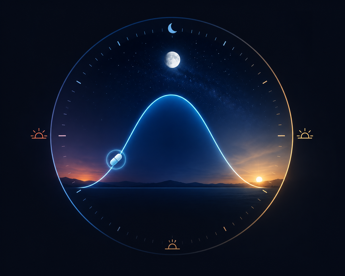 A 24-hour melatonin rhythm timeline showing a supplement timed near the evening rise of the curve