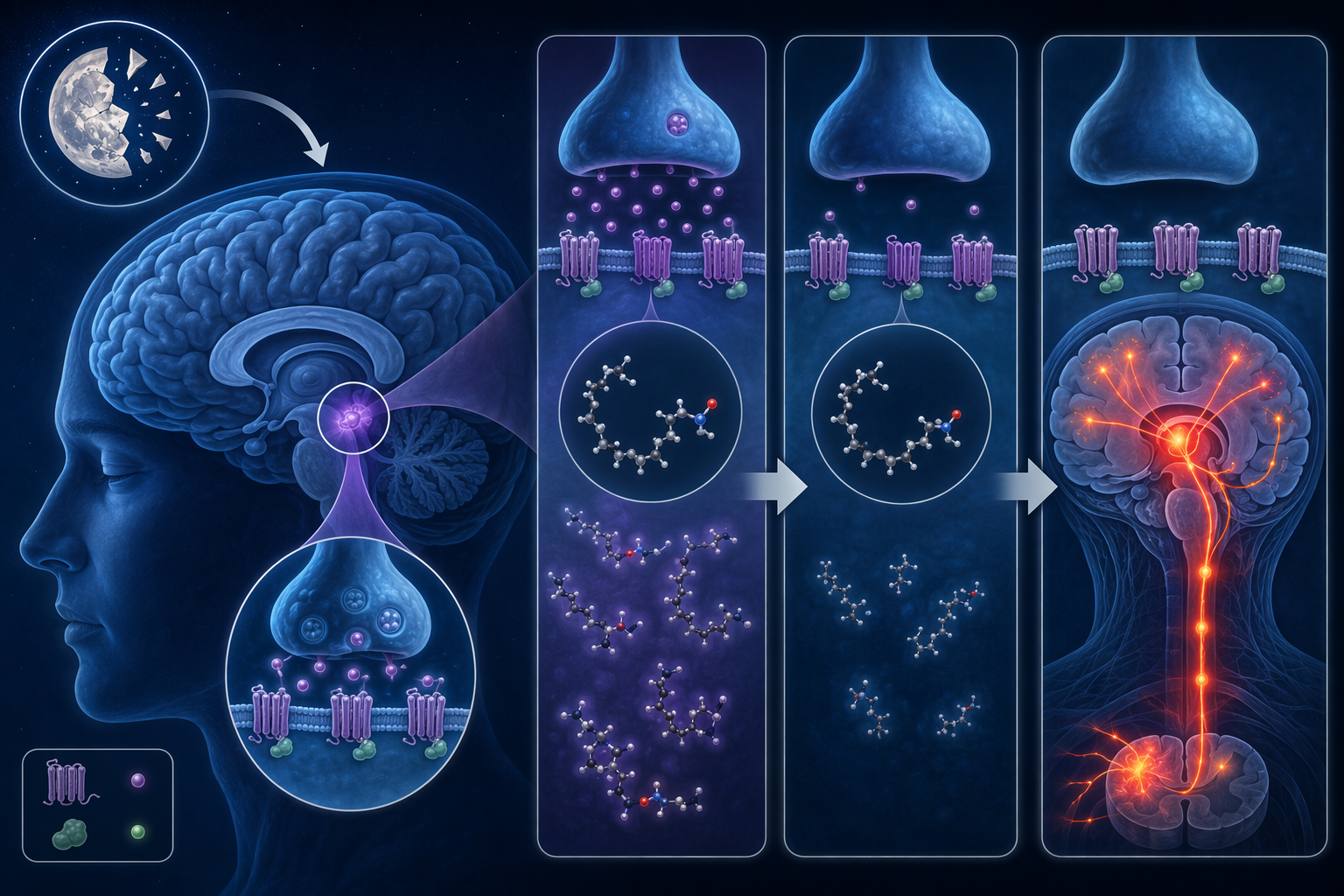 Brain cross-section showing CB1 receptor sites, reduced NADA molecules, and unblocked pain signals after sleep deprivation