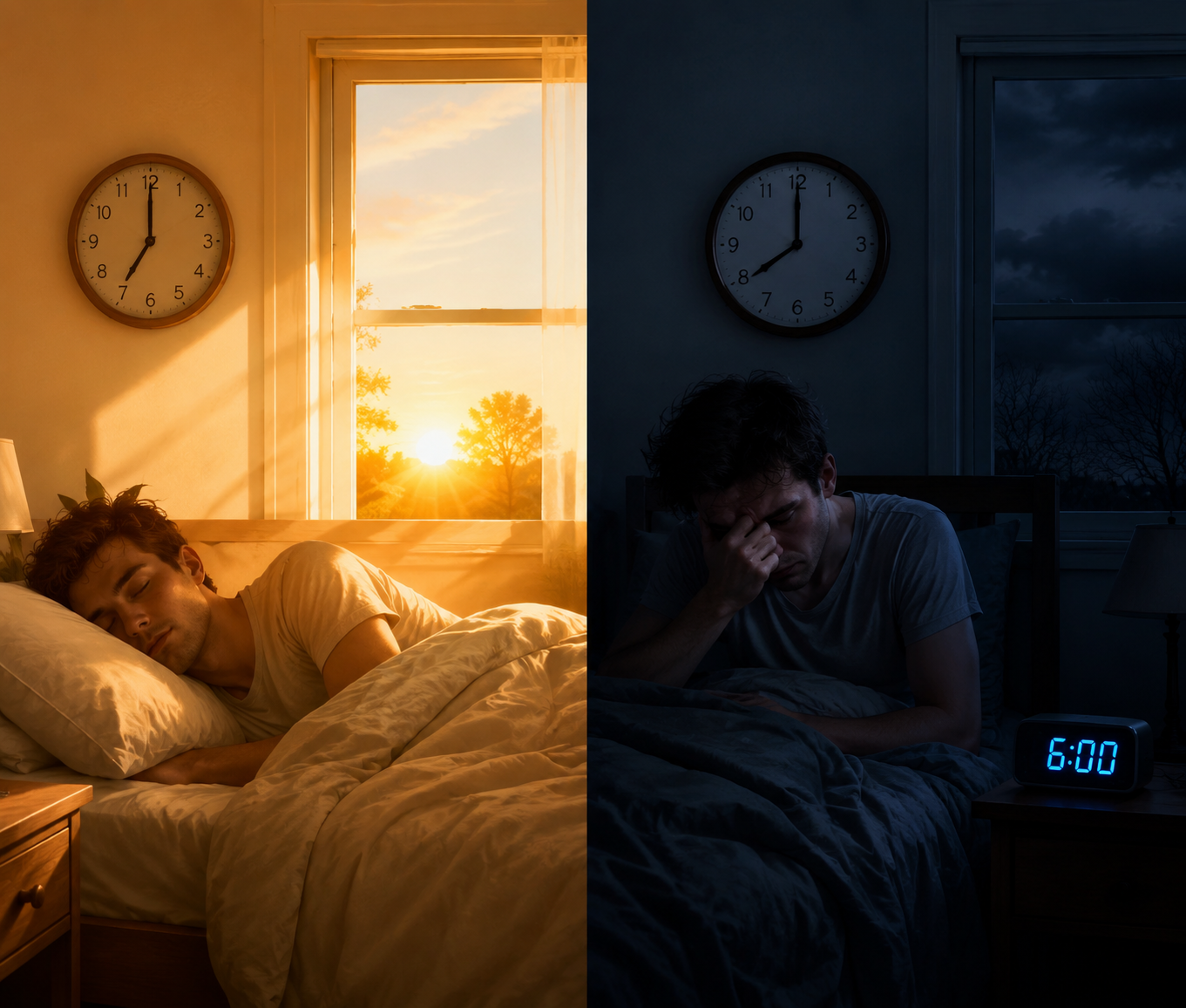 Split illustration comparing a bright standard-time morning with a dark winter morning under daylight saving time