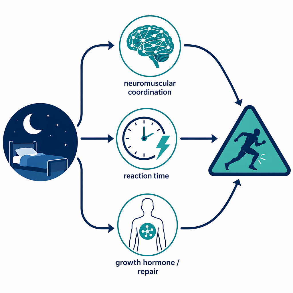 Illustration showing sleep deprivation leading to impaired coordination, slowed reaction time, disrupted tissue repair, and injury risk