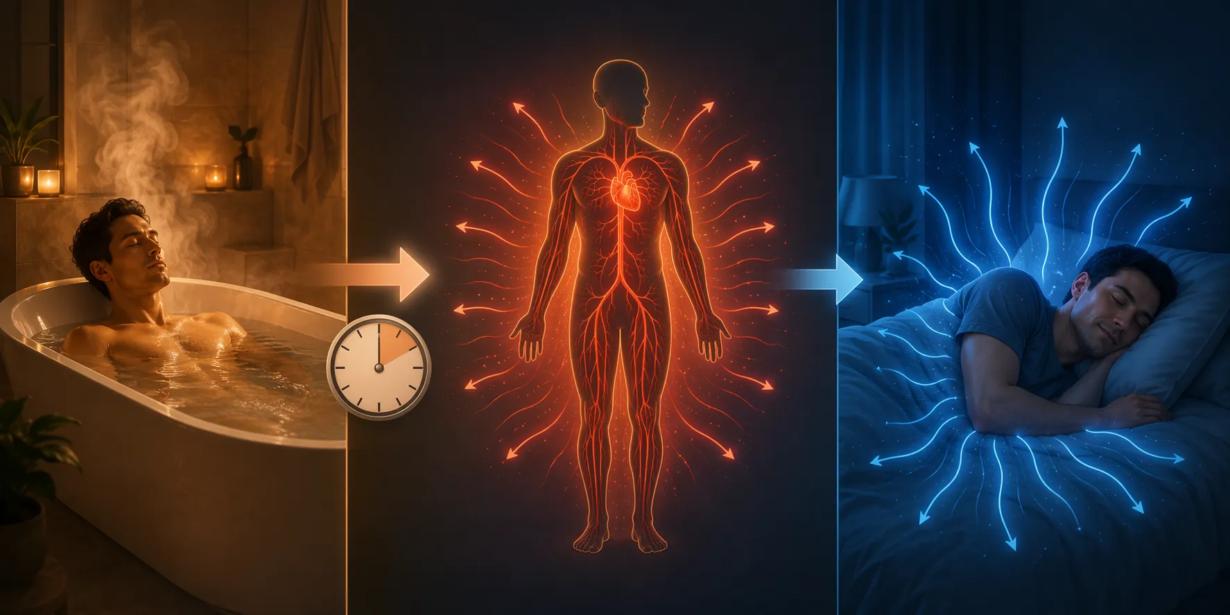 A timeline showing a warm bath, widened blood vessels, and a sleeping person releasing heat