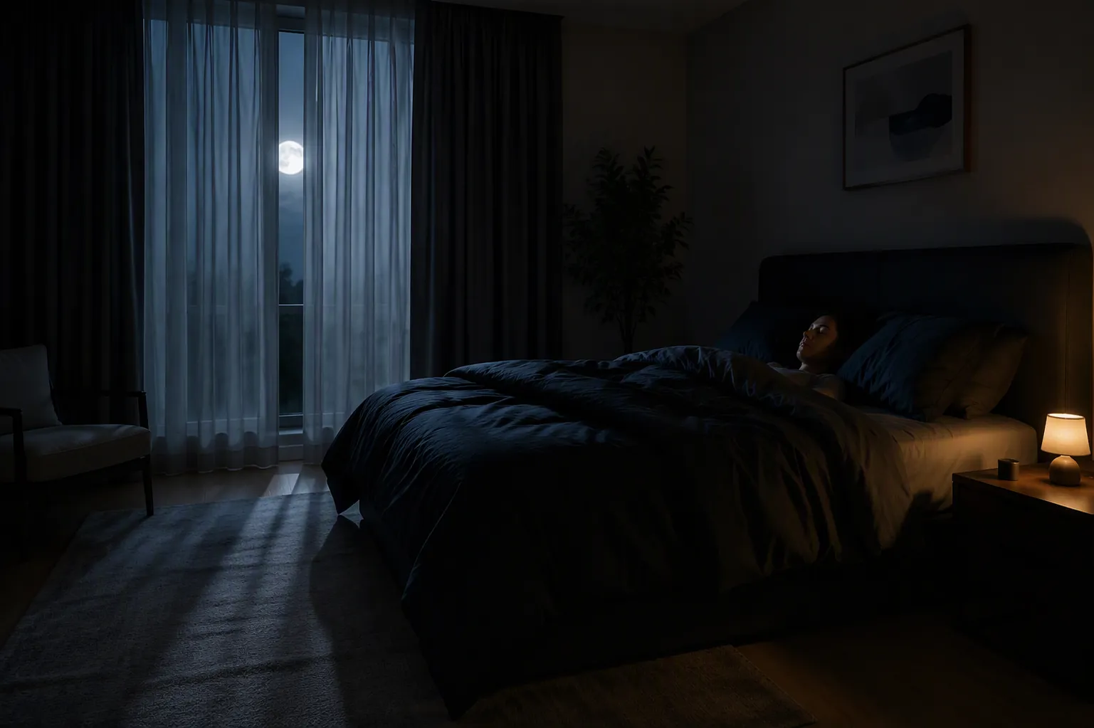 Dim bedroom with moonlight at the window and a small warm bedside lamp