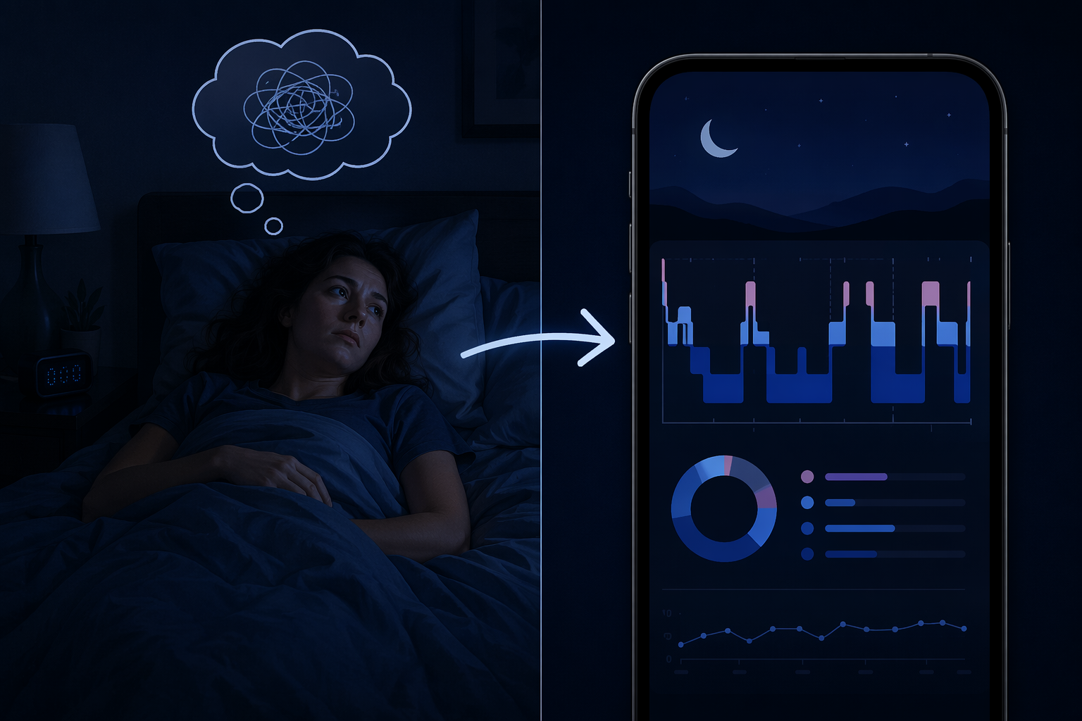 Person lying awake while a phone labels the same period as deep sleep