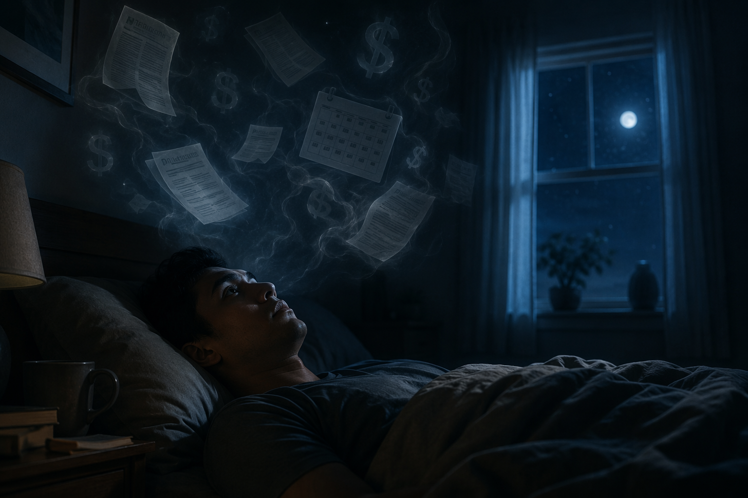 A young adult awake in bed under blue moonlight with faint floating loan documents, dollar signs, and a calendar date above them.