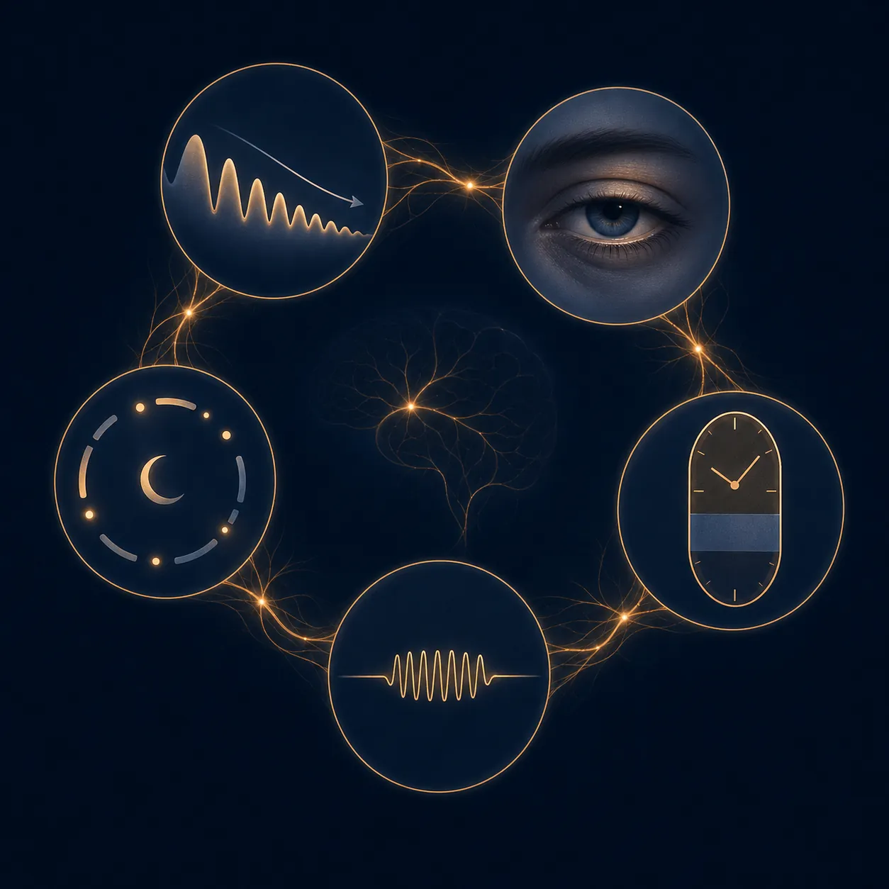 Five sleep-related symbols connected by neural lines: slow-wave decline, daytime sleepiness, prolonged sleep duration, shortened REM wave, and fragmented circadian rhythm