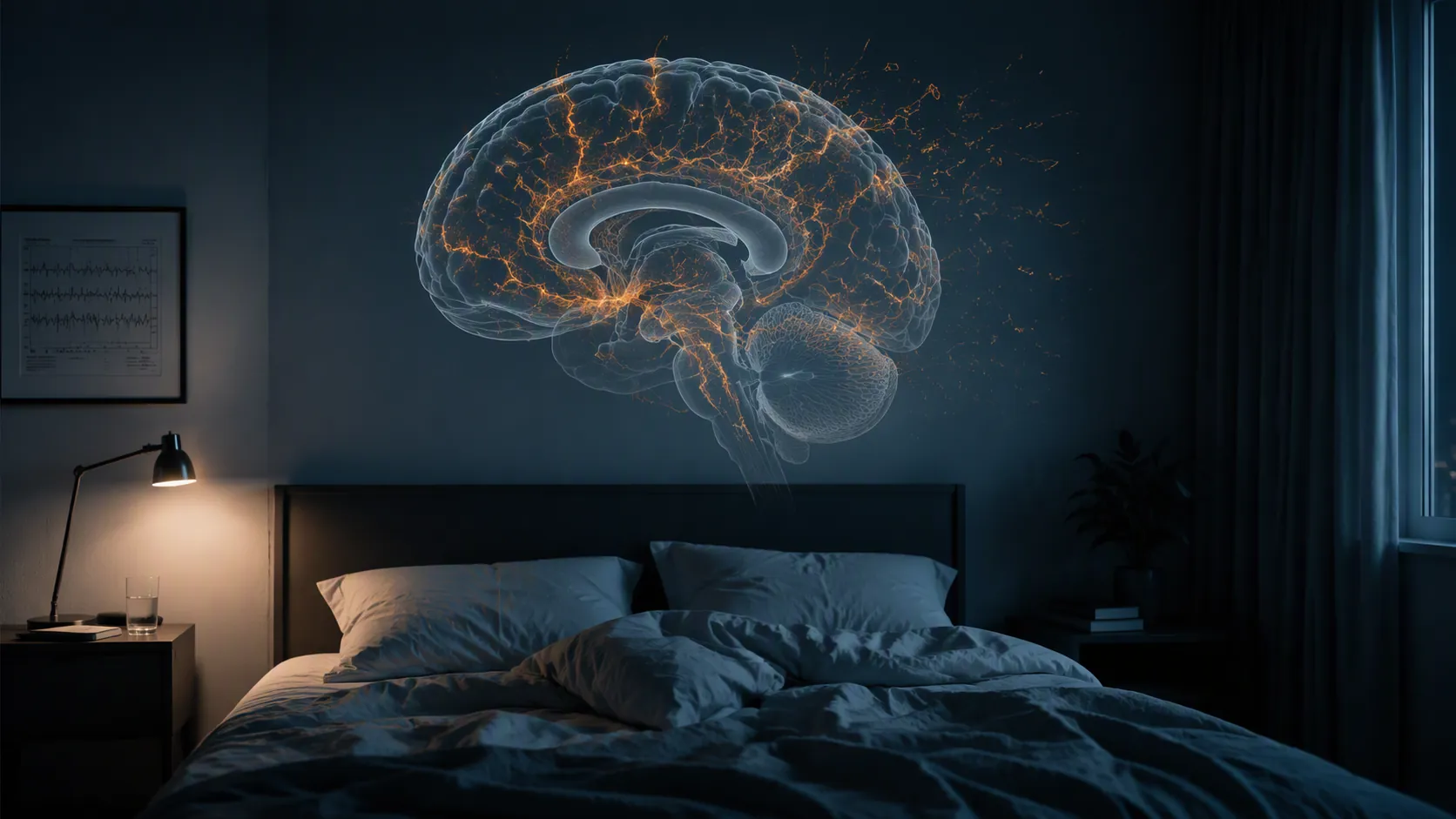 Dim bedroom with rumpled sheets and a translucent brain with disrupted neural pathways above the bed