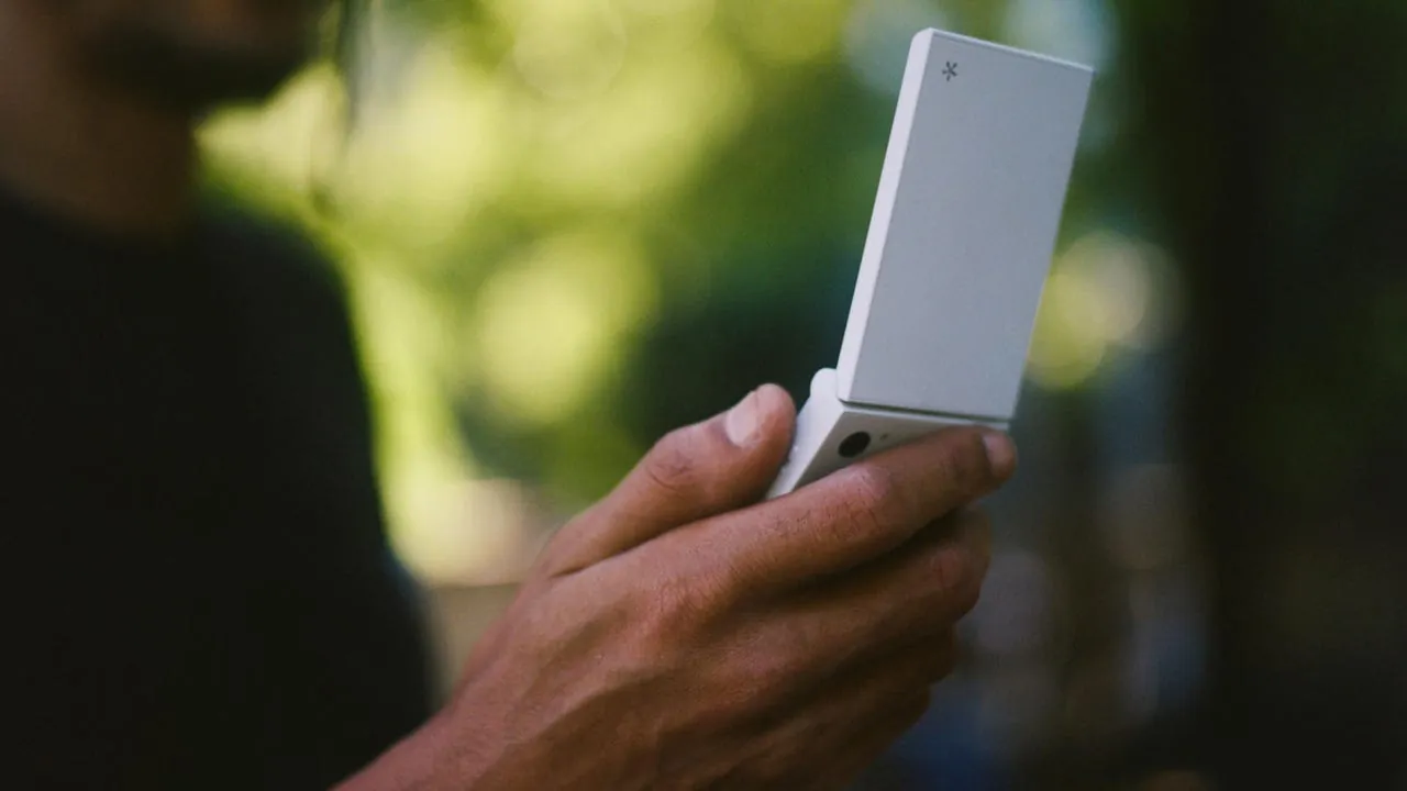 The Light Flip phone showing its clamshell body, physical keypad, and small inner LCD screen