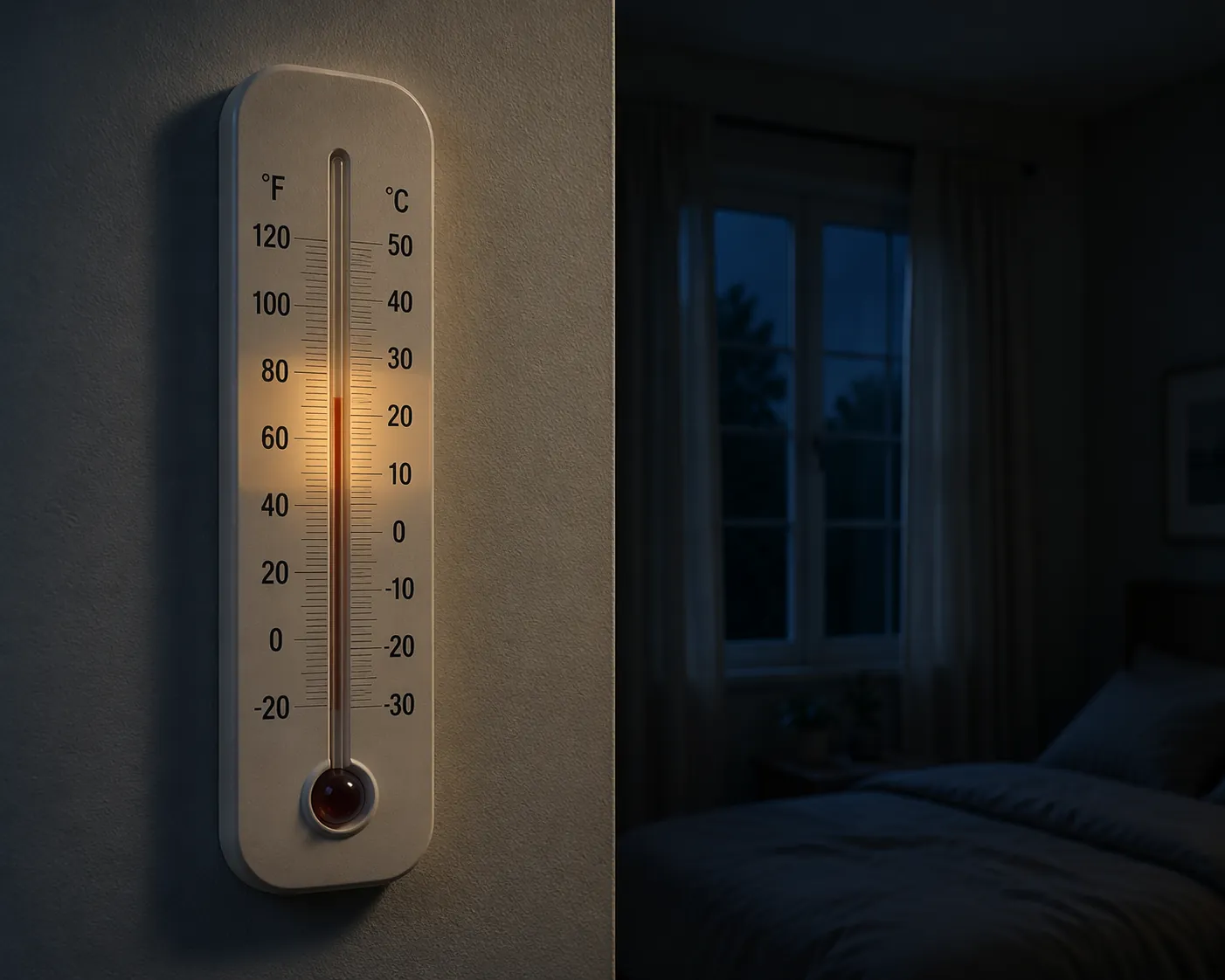 A wall-mounted thermometer in a dimly lit bedroom showing a highlighted safe zone between about 68°F and 80°F