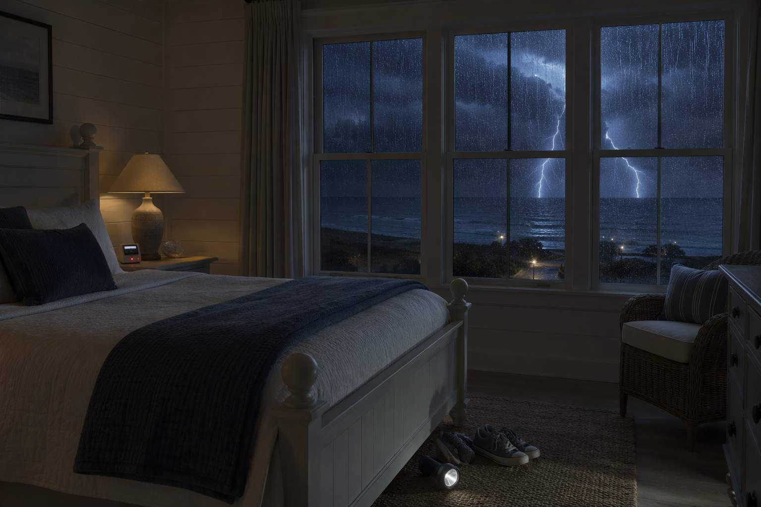 Prepared coastal bedroom at night with shoes, flashlight, and weather radio beside the bed during a storm