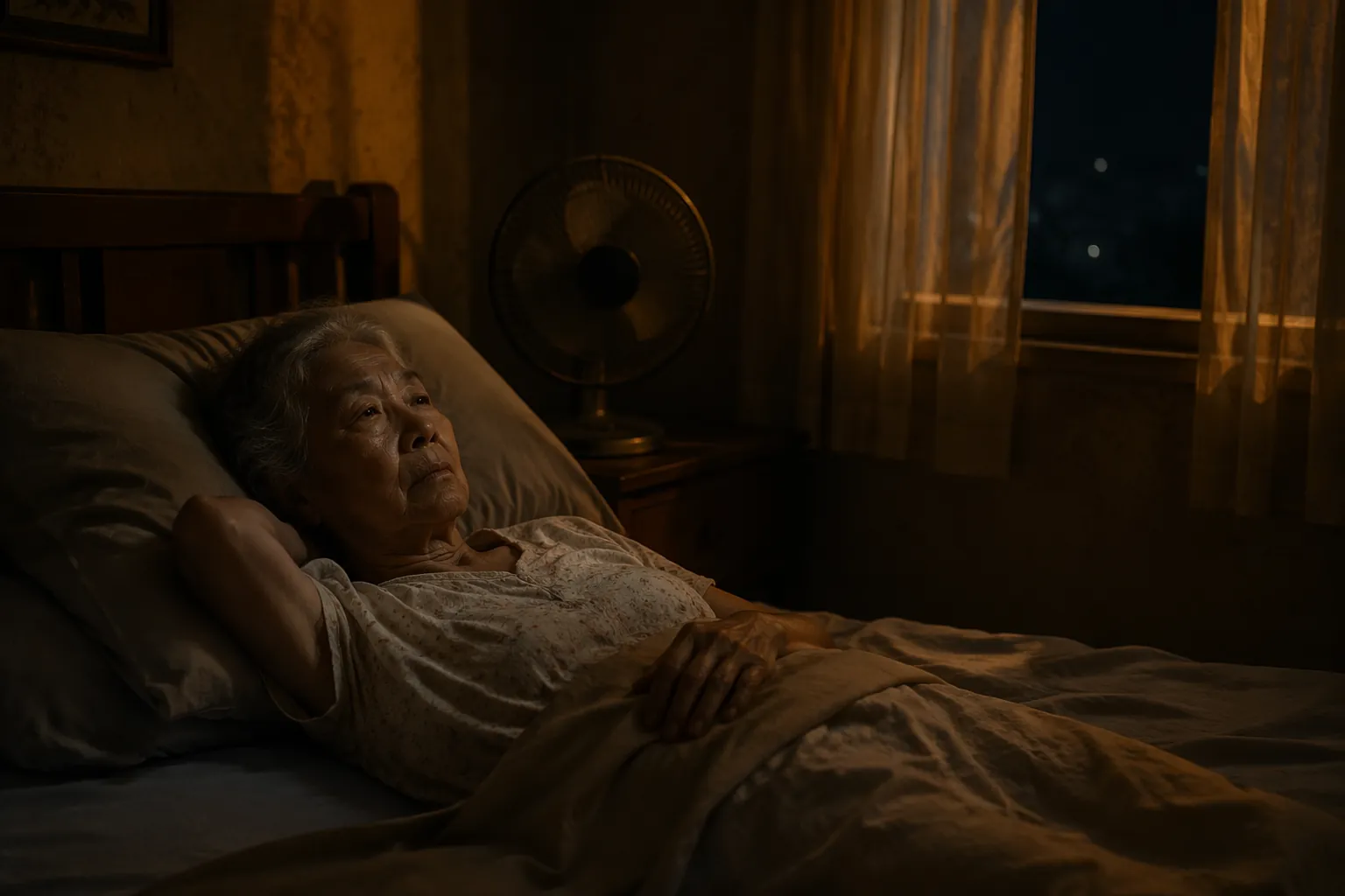Older adult lying awake in a warm bedroom at night with a small fan near the window