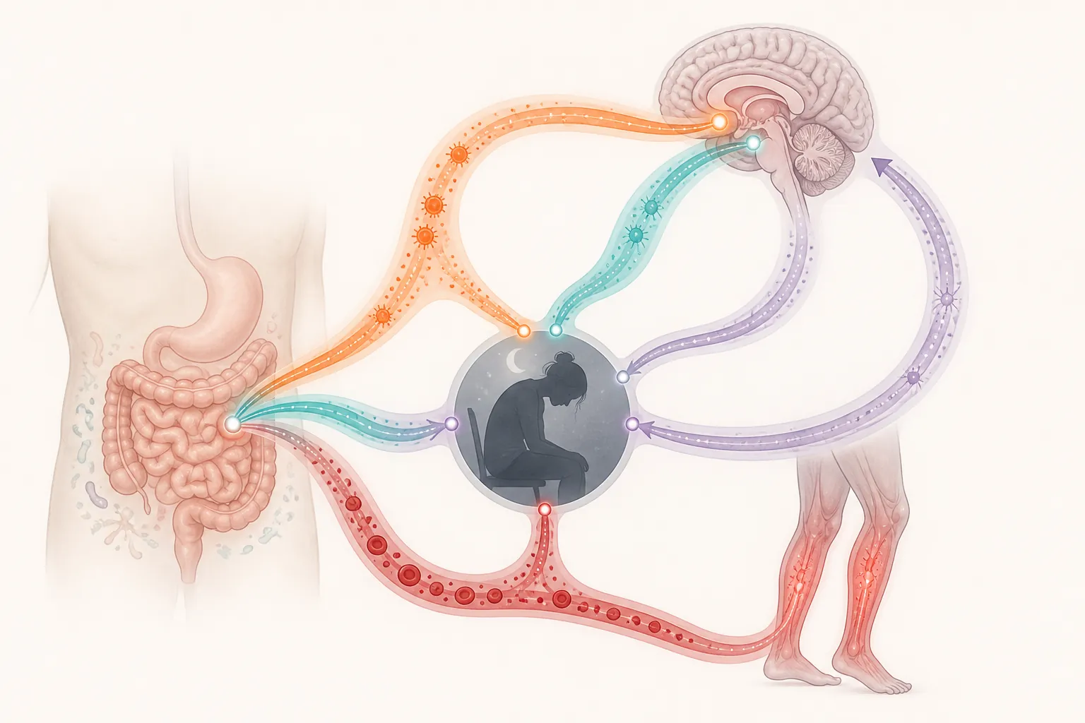 Diagram of inflammation, iron deficiency, gut-brain signaling, and mood pathways converging on fatigue and fragmented sleep