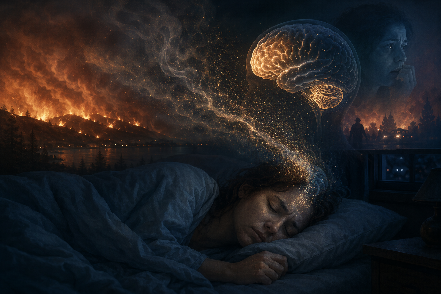 Sleeping figure in a dark bedroom with wildfire smoke drifting toward the window and a faint brain glow overlay.