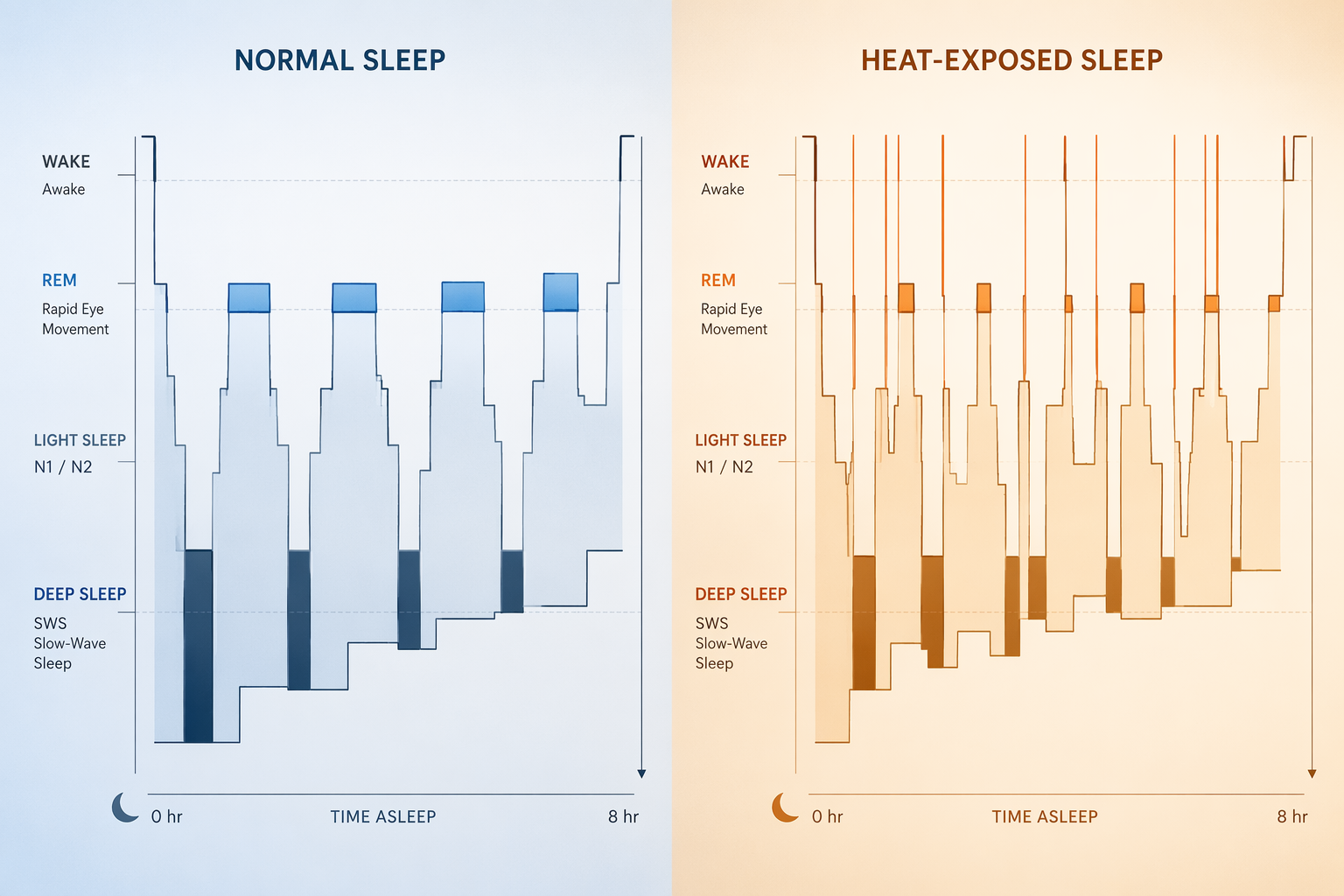 Comparison of normal cool sleep cycles with heat-exposed sleep showing more wakefulness, fragmented slow-wave sleep, and reduced REM