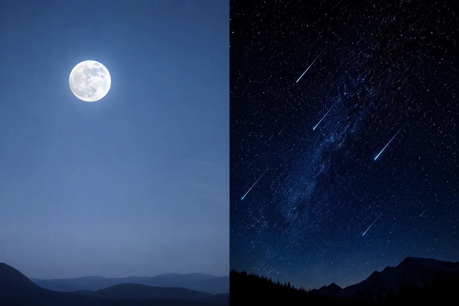 A moon-washed night sky compared with a dark moonless sky full of stars and meteor streaks