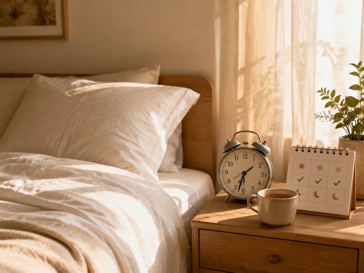 Calm bedroom with morning light, a 7:30 AM clock, and a calendar showing three consistent recovery days