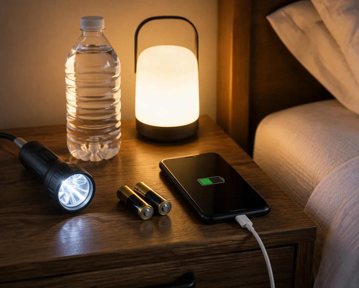 Emergency kit with flashlight, phone, water bottle, batteries, and nightlight staged on a nightstand
