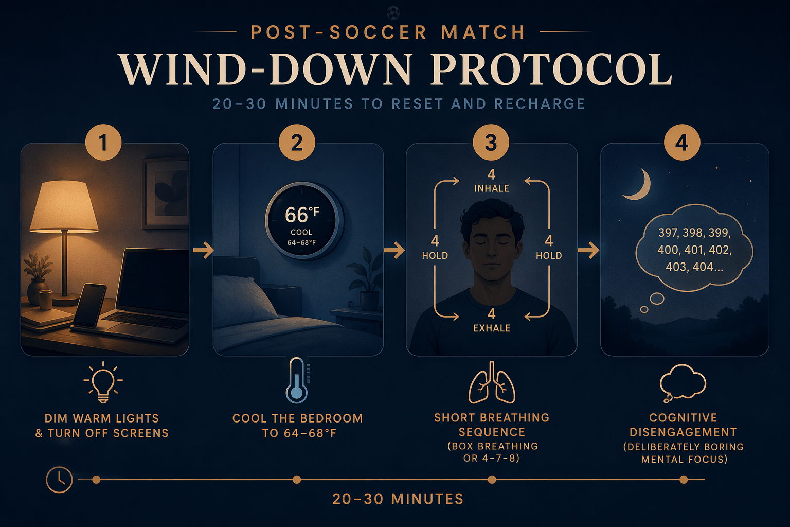 A four-step post-match wind-down protocol showing dim lights, a cooler bedroom, breathing, and cognitive disengagement.