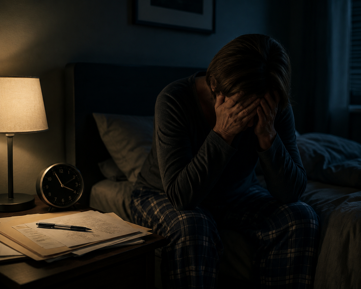 A parent sits awake on the edge of a bed with legal papers nearby, showing custody litigation stress and exhaustion.