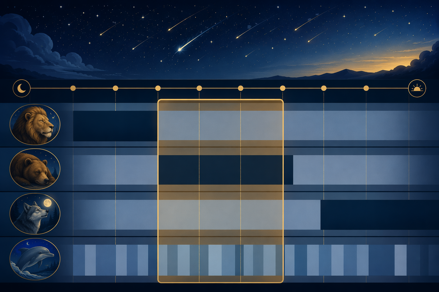Timeline showing the Perseid viewing window overlapping differently with lion, bear, wolf, and dolphin sleep timing