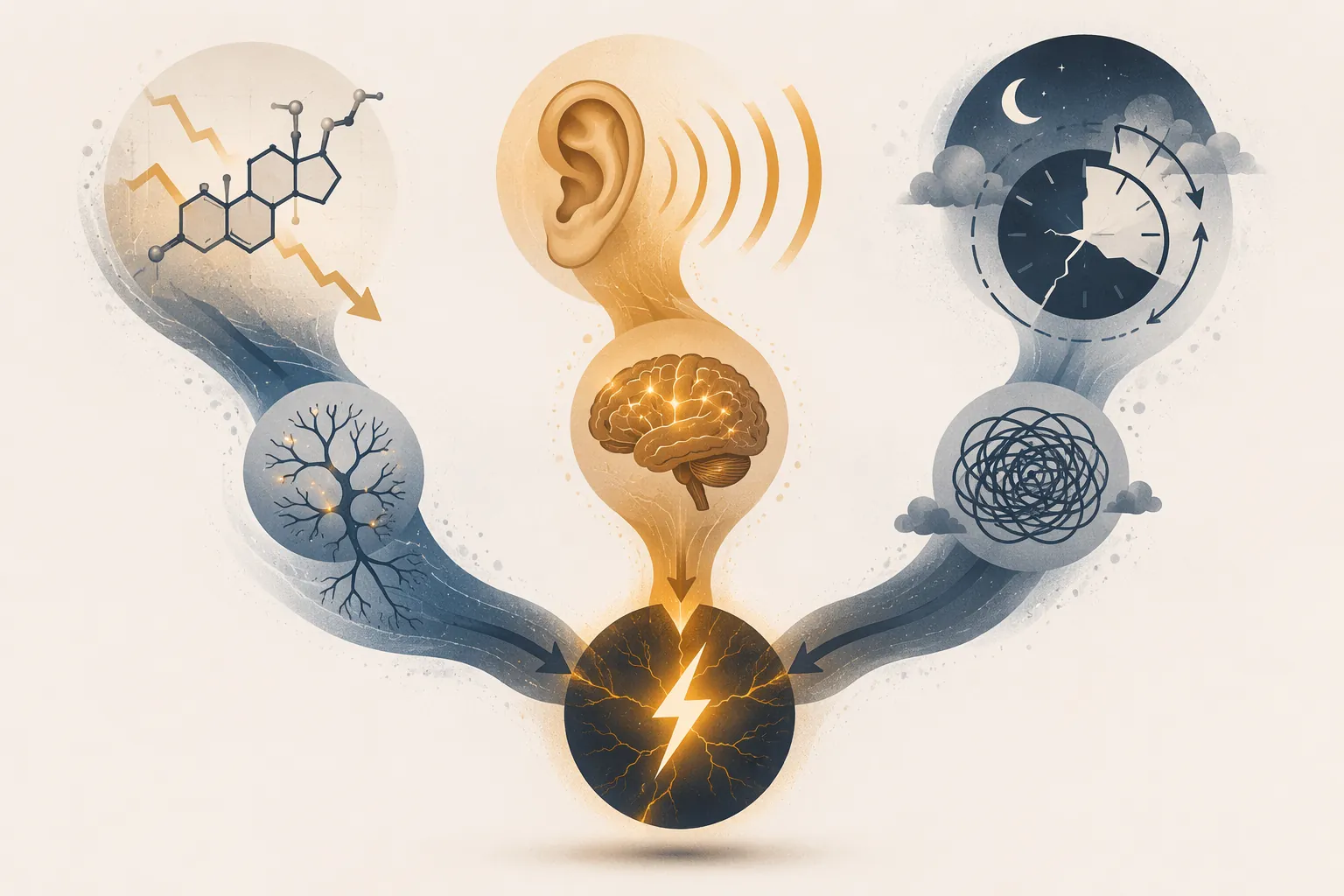 Illustration of hormonal stress reactivity, sound sensitivity, and fragmented sleep converging around a lightning bolt