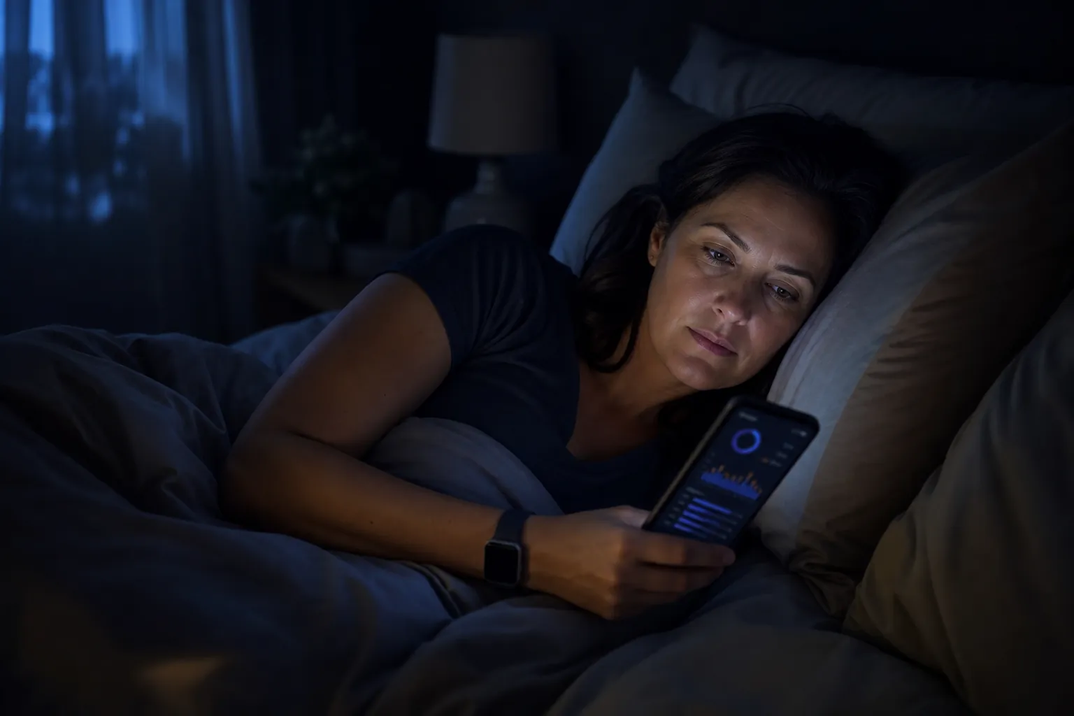 A woman in her mid-40s lies awake at night checking sleep tracking data on her phone while wearing a smartwatch.