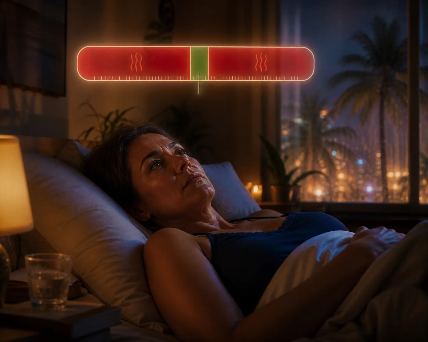 Woman in bed on a humid Miami night with a narrow thermostat comfort zone shown above her