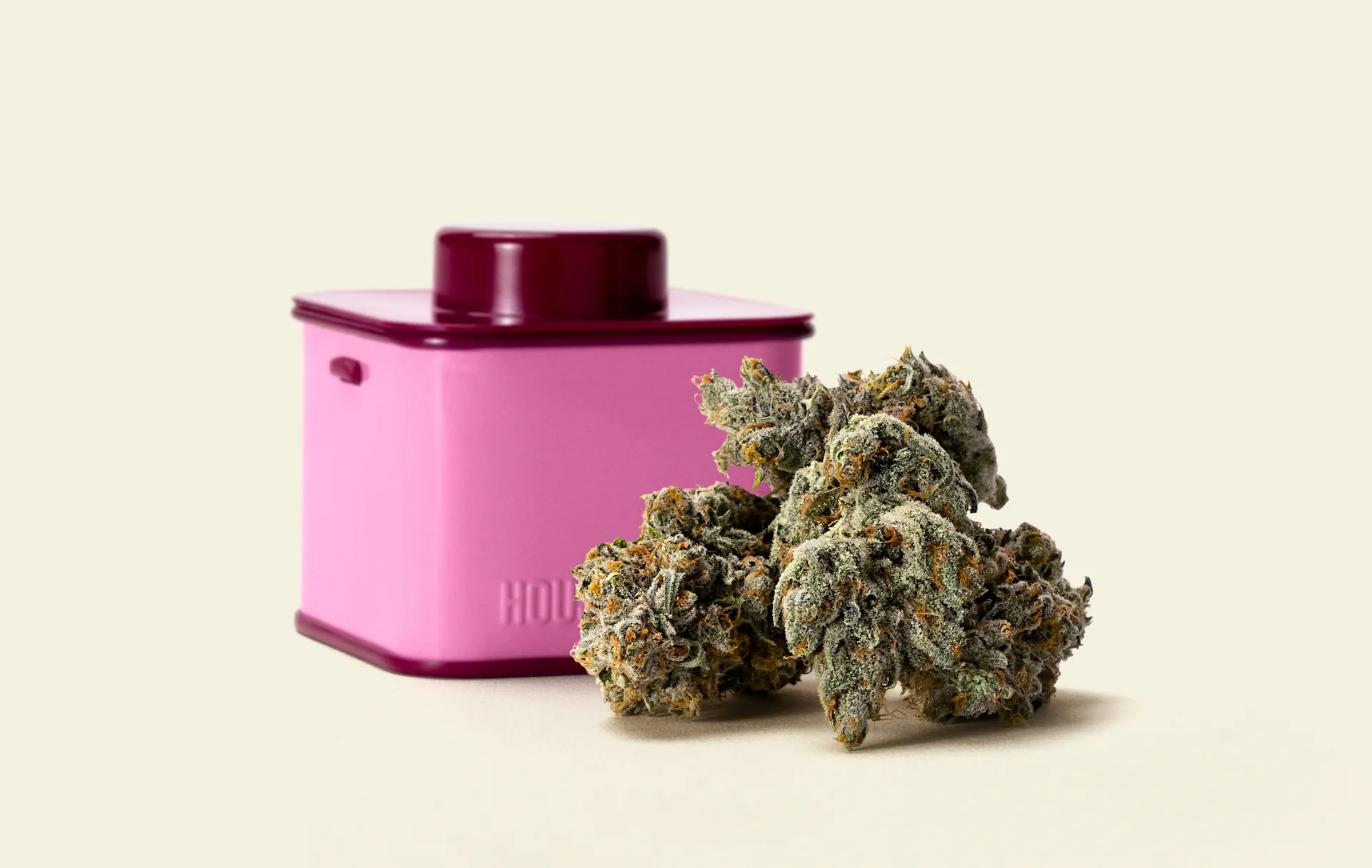 Houseplant Pink Moon indica container and cannabis flower
