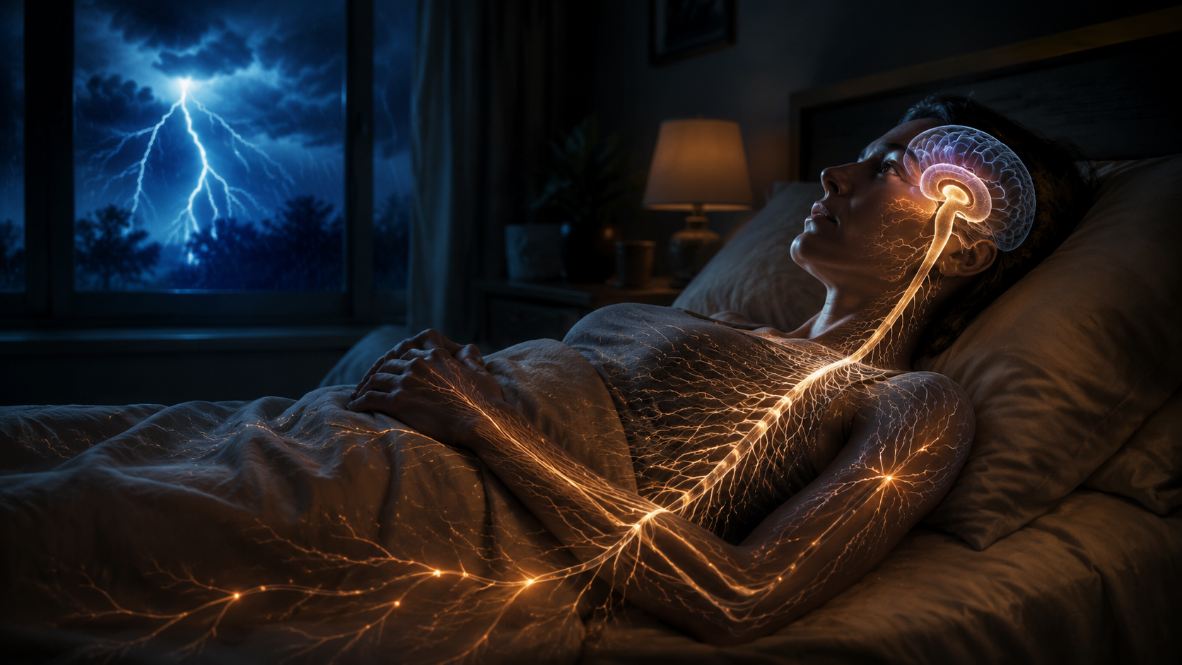 A person awake in a dark bedroom during lightning, with a neural pathway showing storm-related hyperarousal through the body