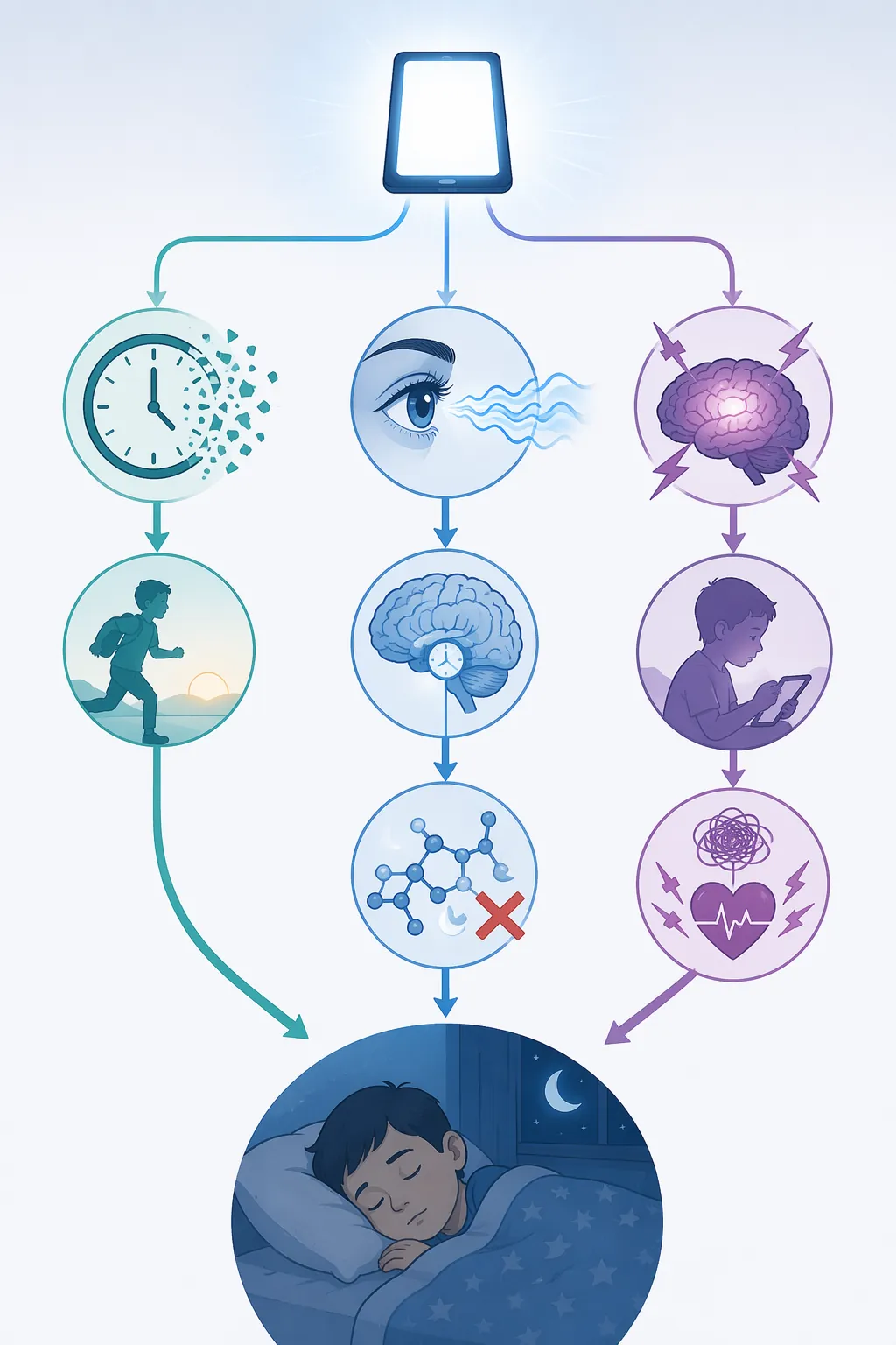 Three pathways from a screen to a sleeping child showing time loss, light and melatonin suppression, and emotional arousal