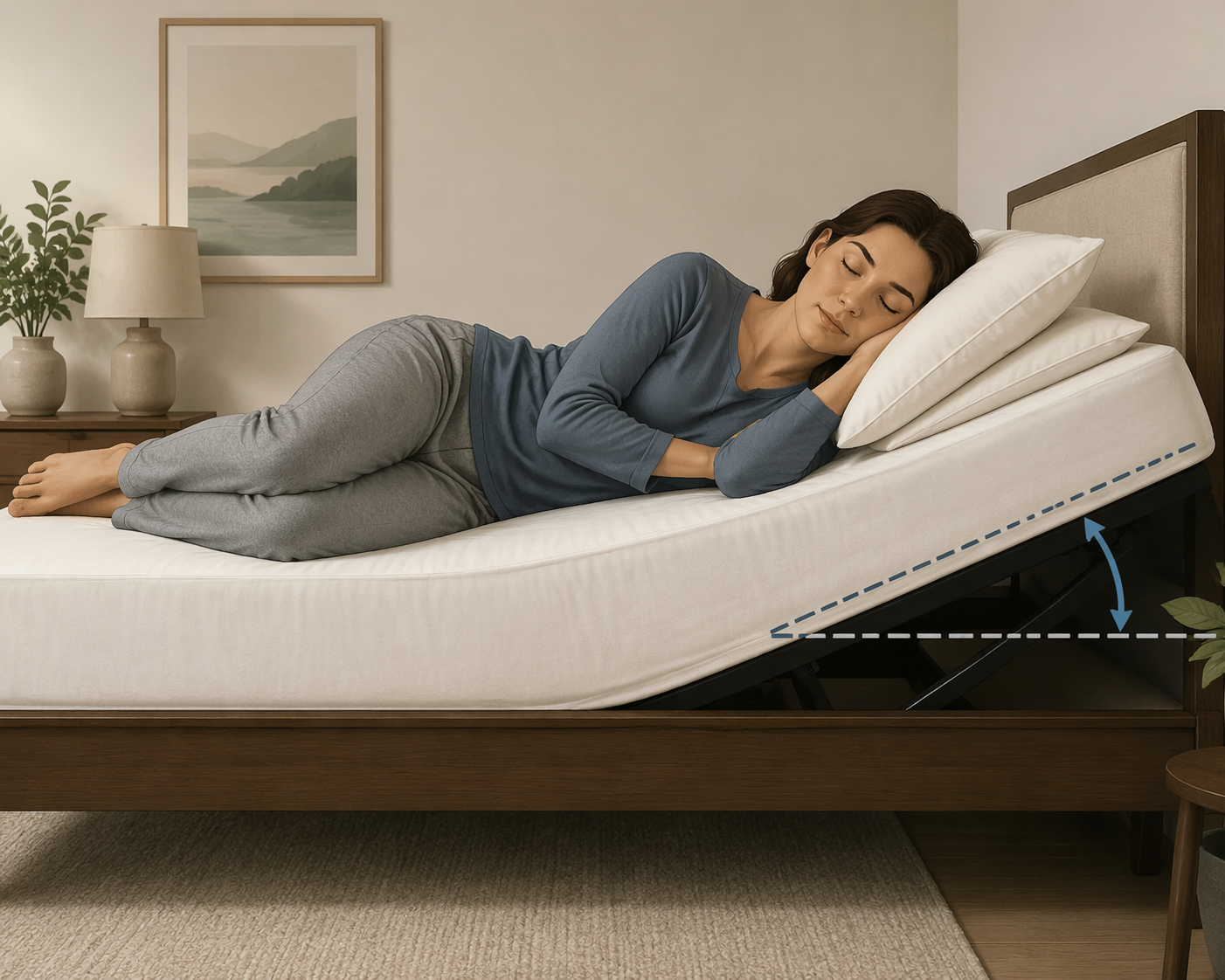 Illustration of left-side sleeping with the head of the bed elevated about 20 degrees