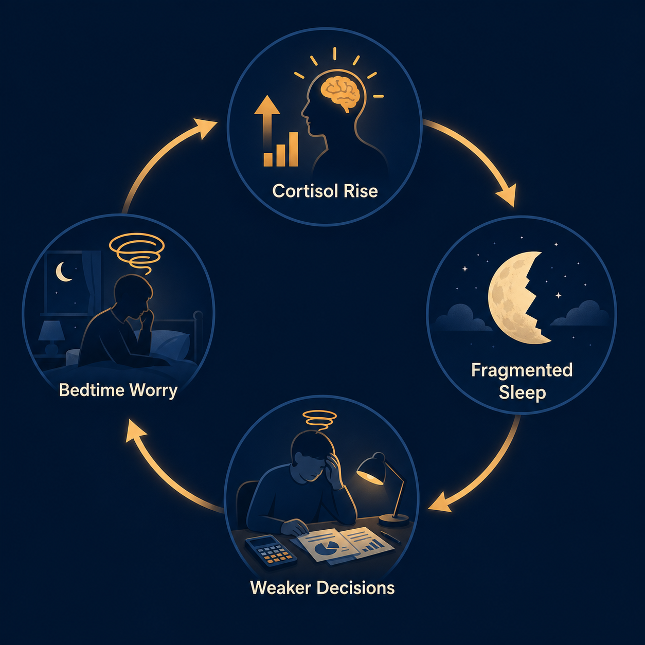 Circular illustration of bedtime worry leading to cortisol rise, fragmented sleep, and weaker decisions