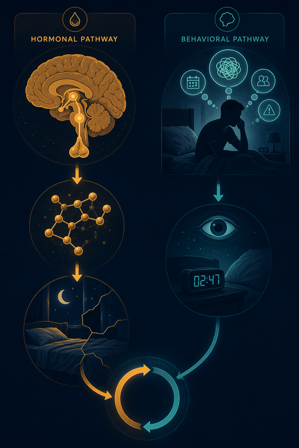 Two parallel pathways showing cortisol activation and bedtime rumination converging into a sleep-loss feedback loop