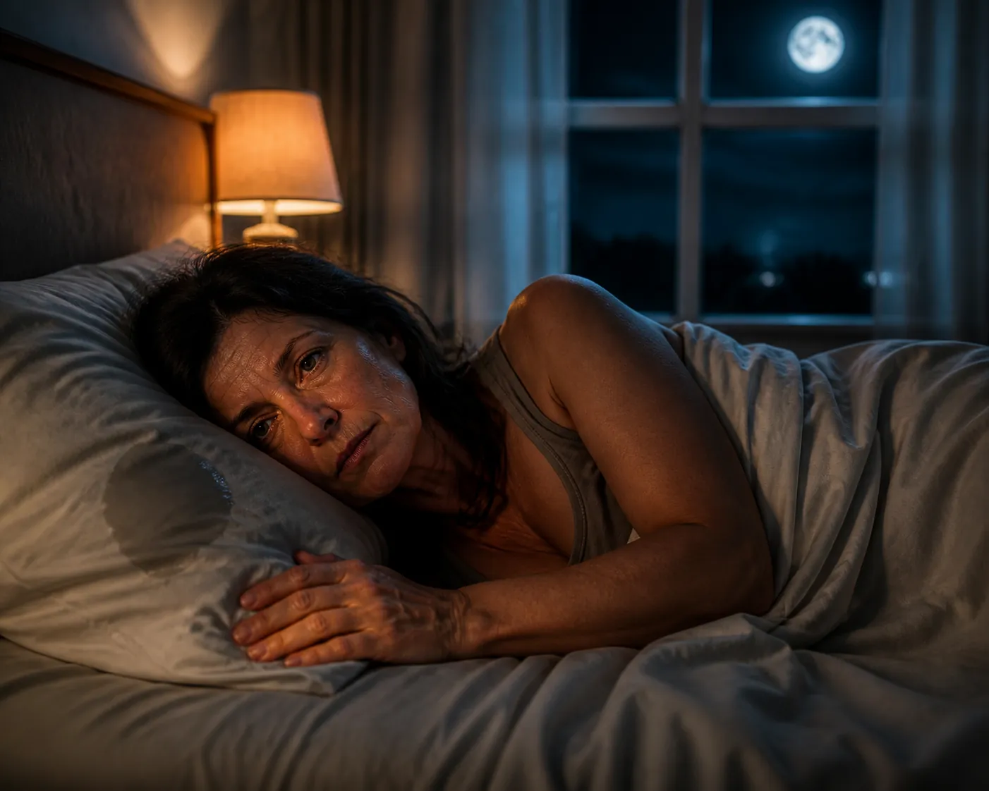 A woman in her late 40s lies awake in a dimly lit bedroom with rumpled sheets, a damp pillow, and a bright full moon visible through the window.
