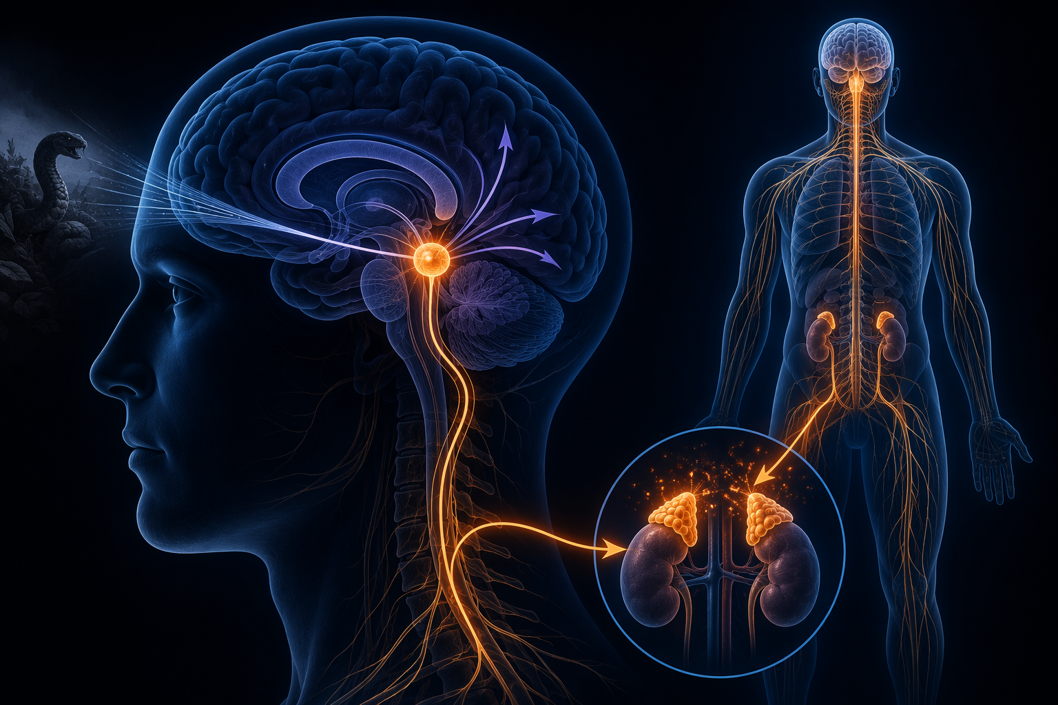Medical-style illustration of the amygdala and sympathetic nervous system threat response