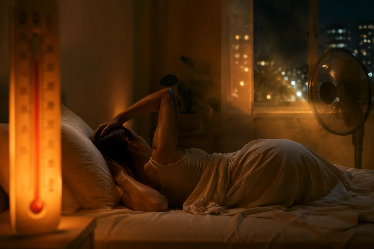 A person lying awake under a thin sheet in a hot bedroom at night