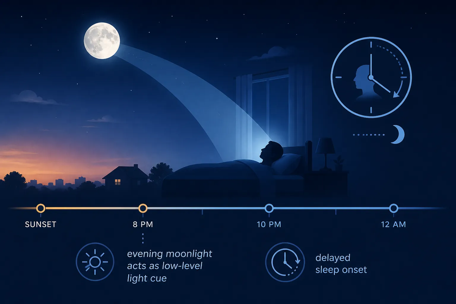 Timeline from dusk to midnight showing moonlight, a sleeping silhouette, and a circadian clock indicating delayed sleep onset