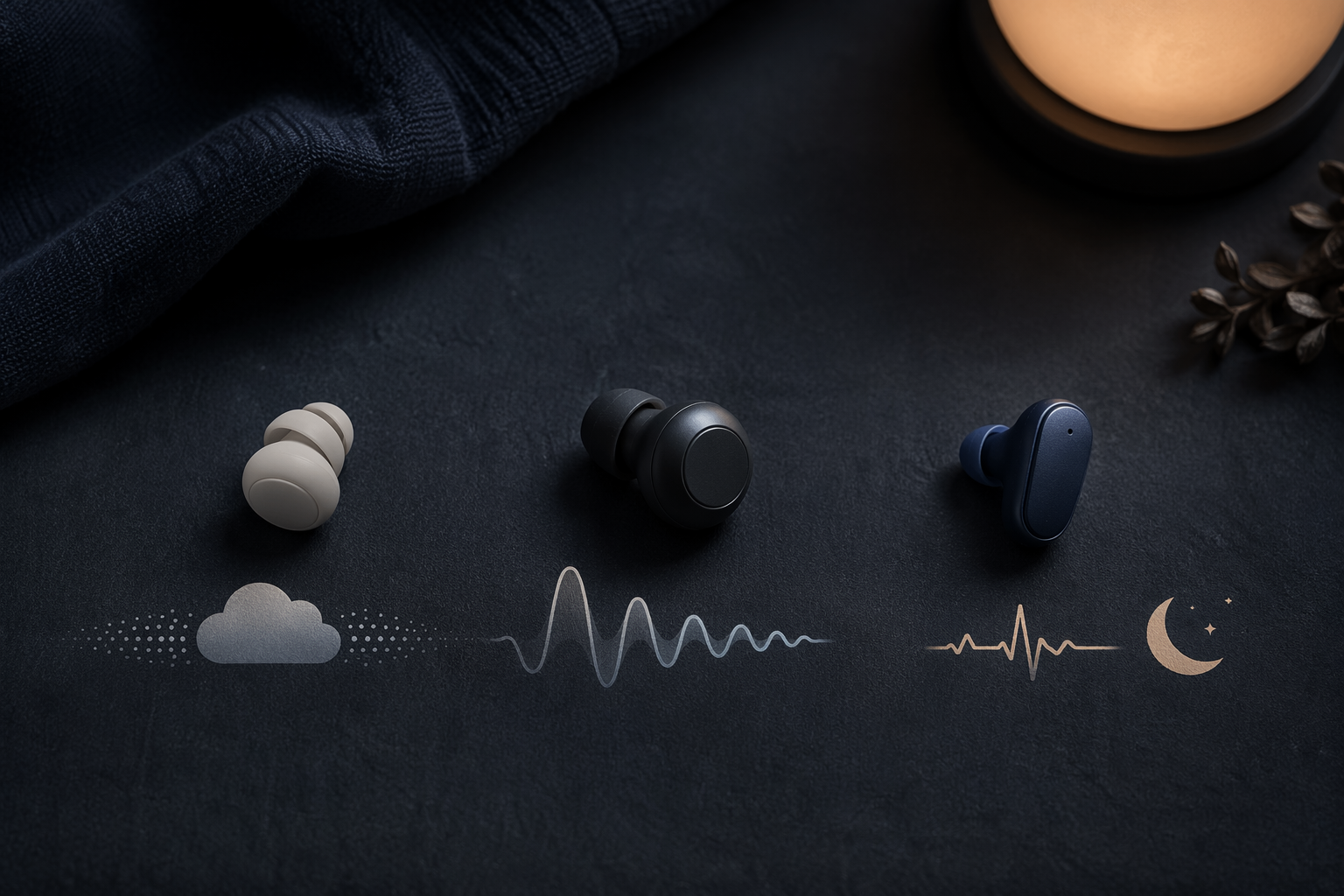 Flat lay showing passive masking, ANC snore masking, and hybrid sleep tracking earbud scenarios