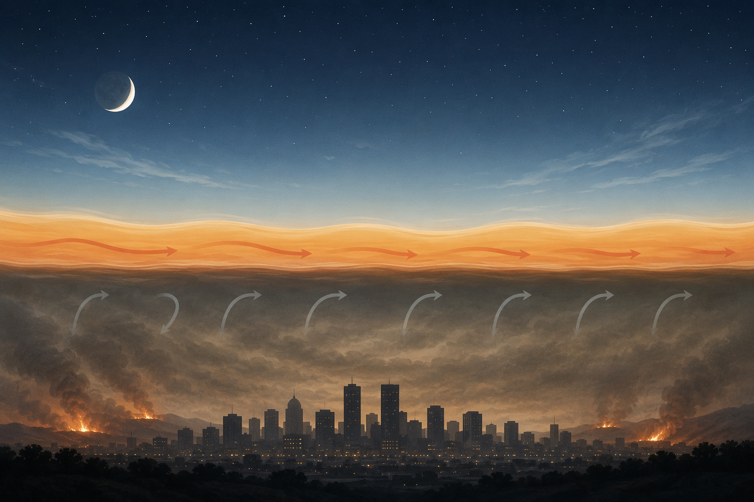 Illustration of a nighttime temperature inversion trapping wildfire smoke near the ground above a city