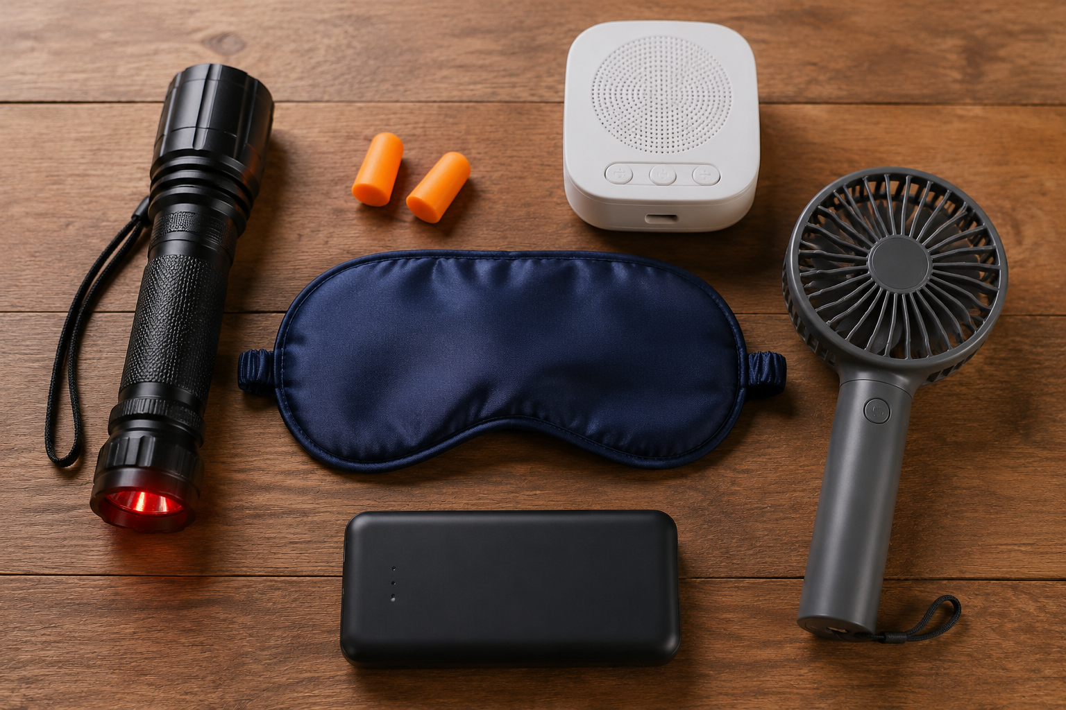 Overhead view of a hurricane sleep kit with a red-filter flashlight, earplugs, eye mask, battery-powered white noise machine, portable fan, and battery pack