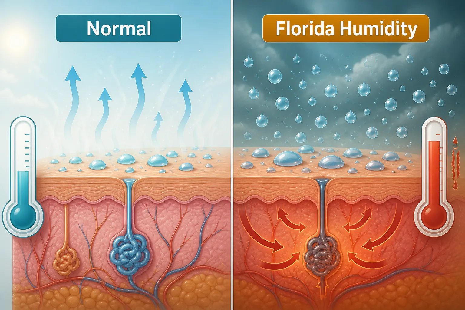 Illustration comparing sweat evaporating into dry air with sweat pooling on skin in humid Florida air