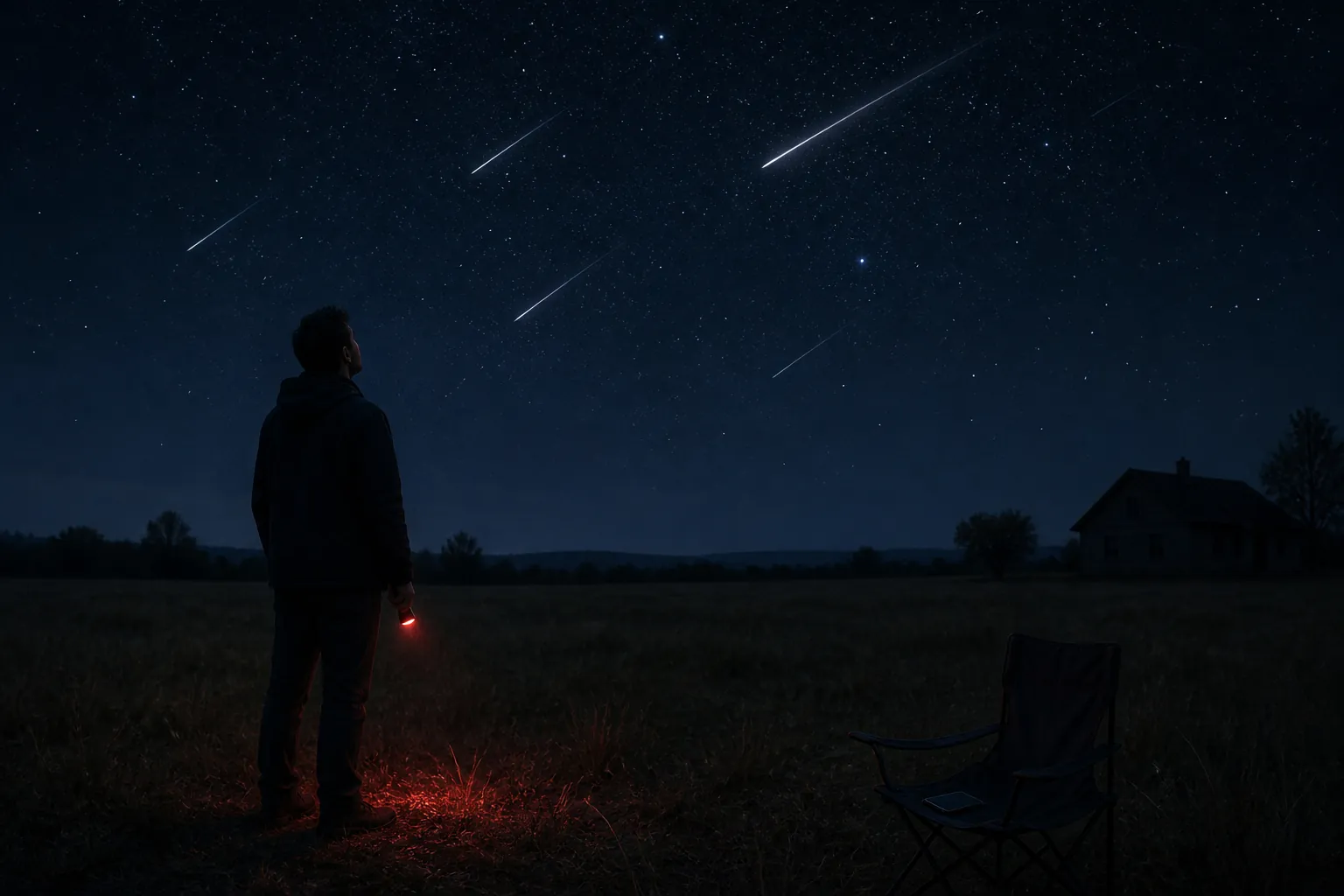 A person watches meteors in a dark field with a red flashlight while a phone lies face-down nearby