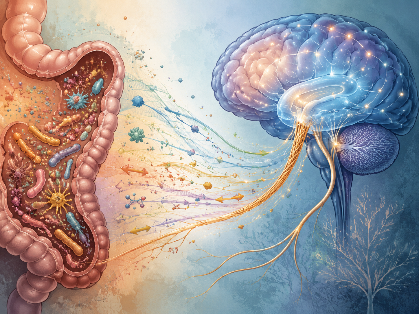 Illustration of the gut-brain axis with signaling particles moving between a gut and brain