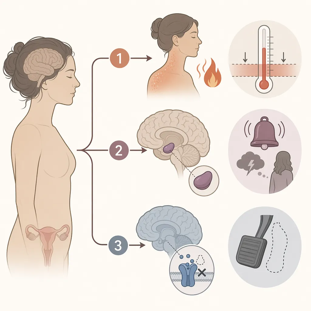 Scientific-style diagram of three perimenopause sleep pathways: narrowed temperature regulation, heightened threat circuits, and reduced progesterone-linked GABA braking.
