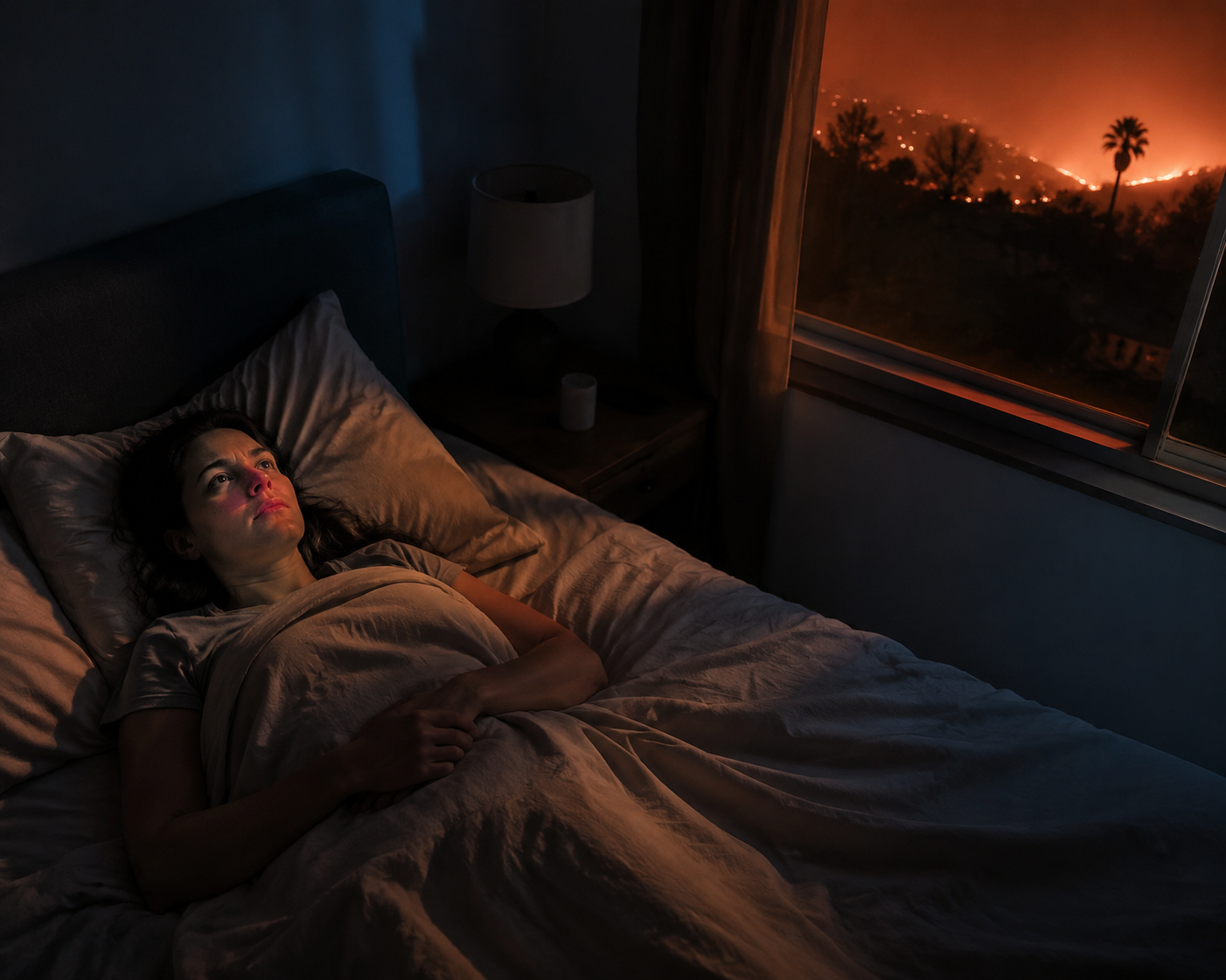 Person lying awake in bed at night while orange wildfire haze glows outside the window