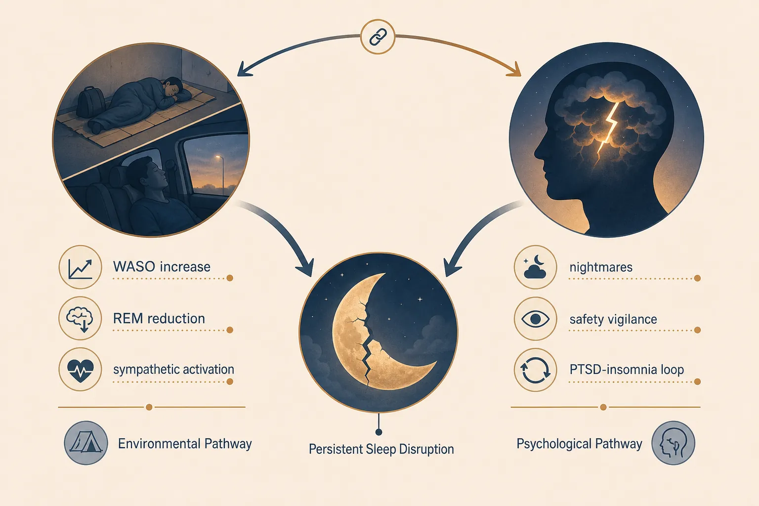 Diagram showing environmental and psychological pathways converging on persistent sleep disruption