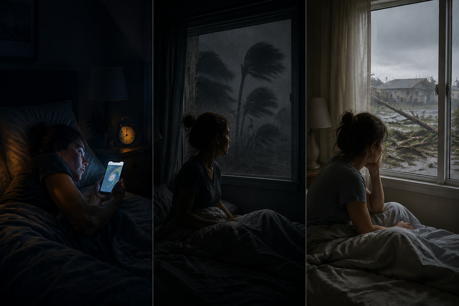 Three-panel illustration of hurricane anxiety disrupting sleep before, during, and after a storm