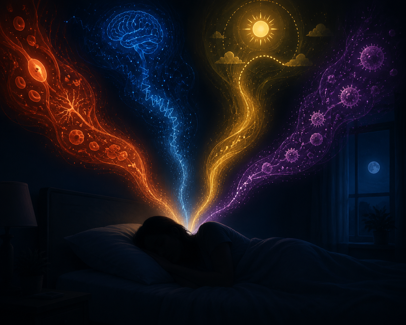 A person lying awake in a dark bedroom as four colored light streams converge toward the bed