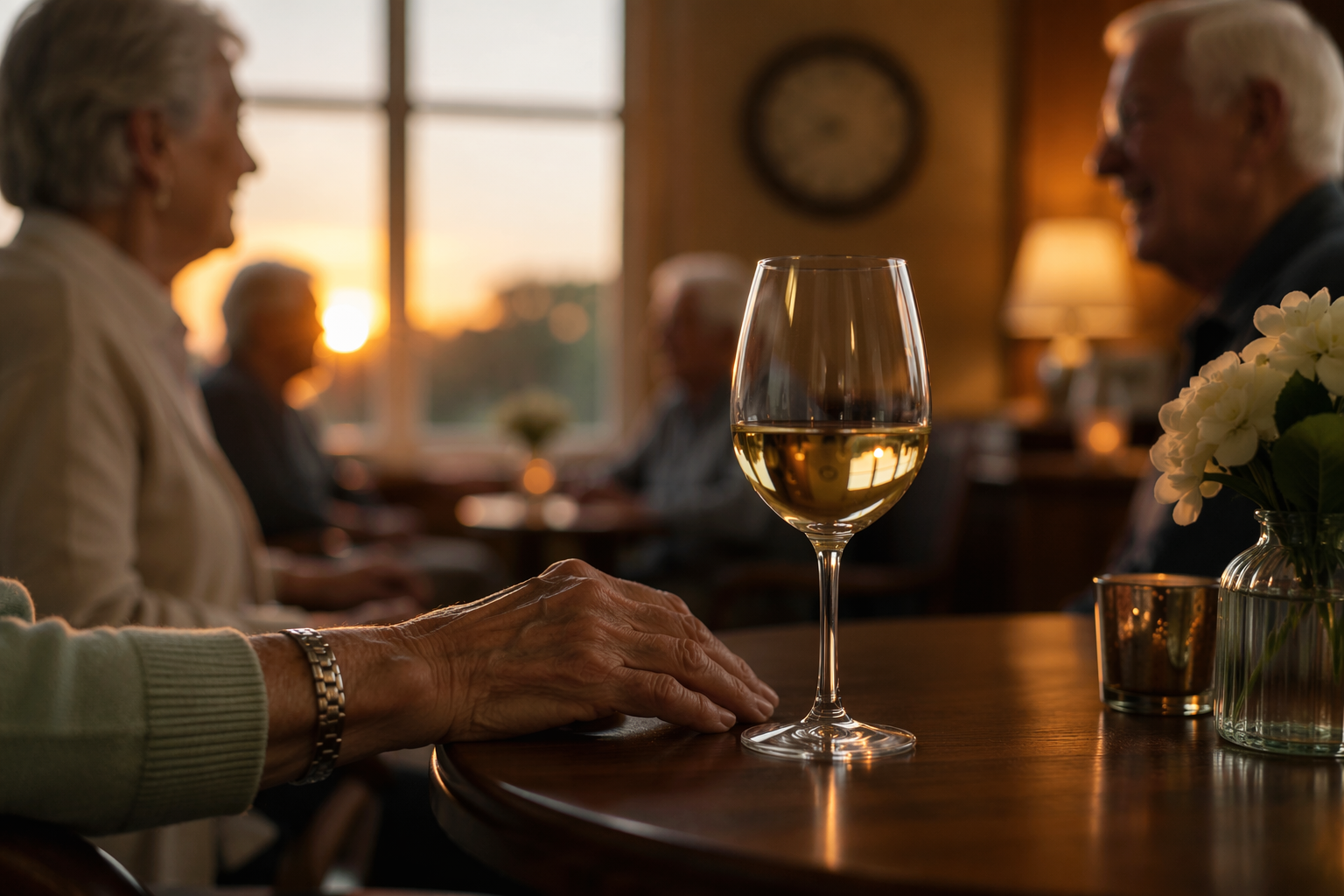 Assisted living happy hour table with a wine glass and a late-night clock in the background